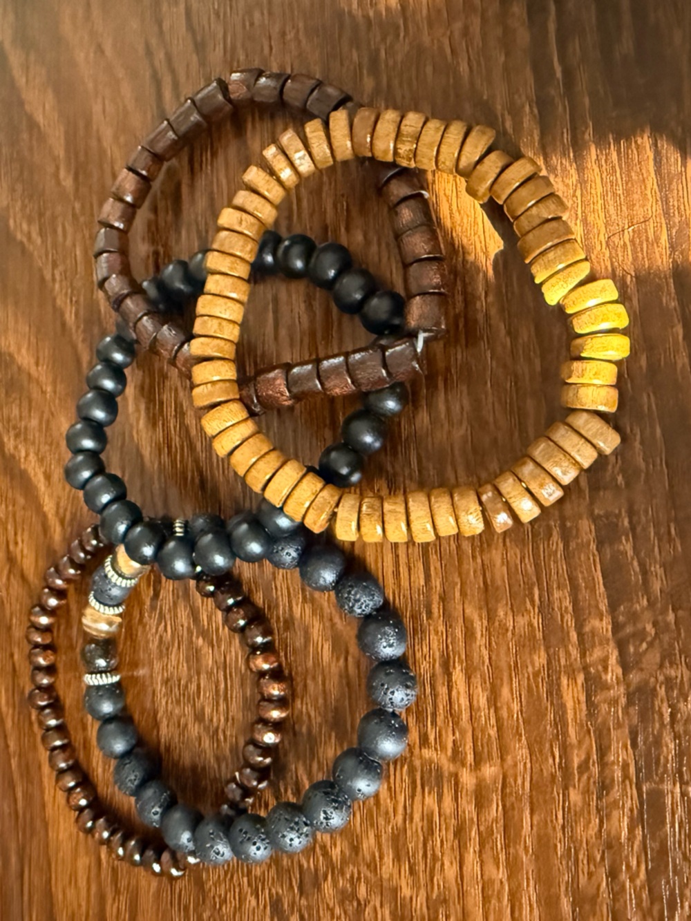 NWOT Set of 5 Beaded Stretch Bracelets - Wood & Matte Black